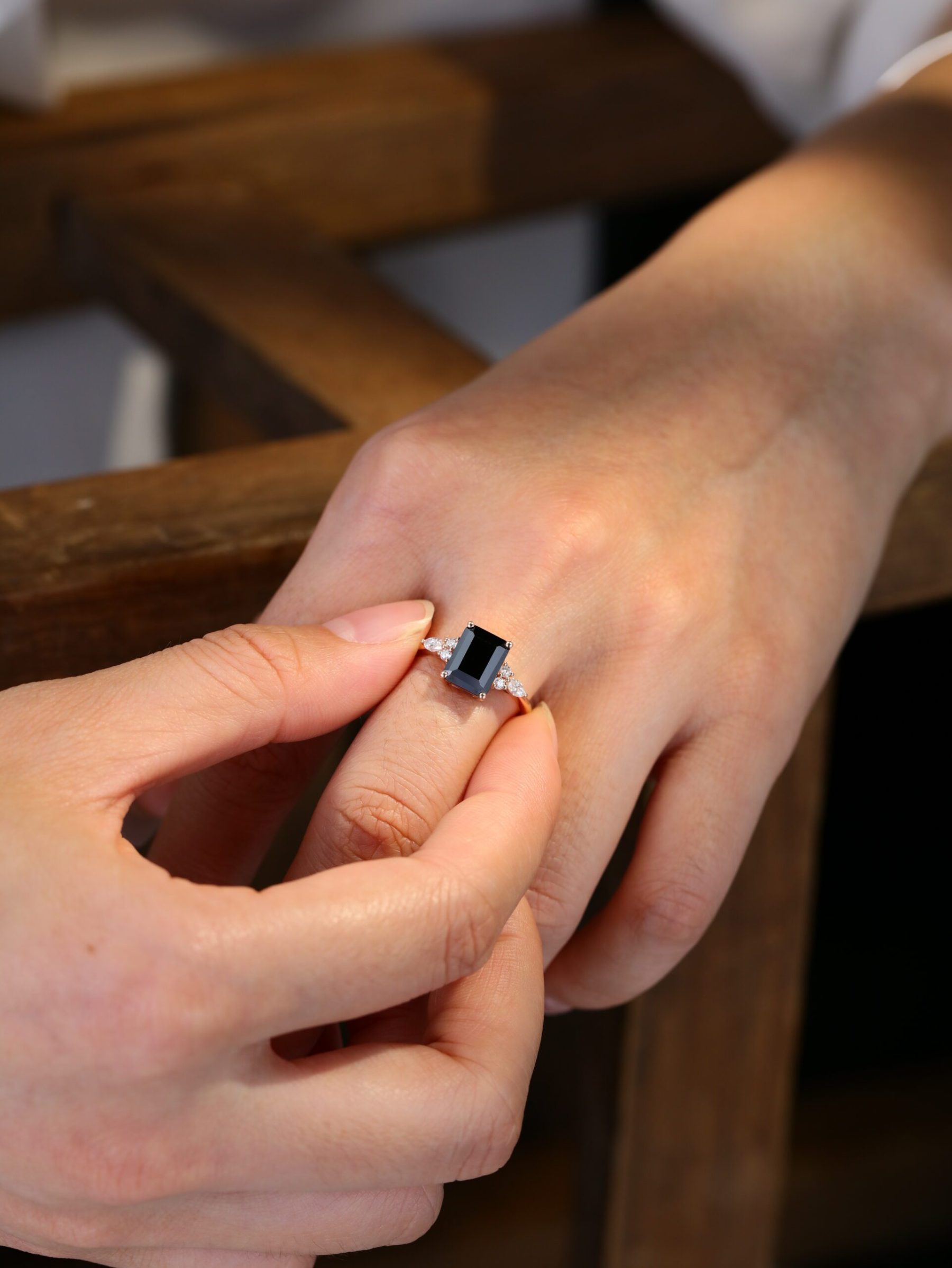 Emerald cut Black onyx engagement ring women unique rose gold moissanite engagement ring Vintage marquise cluster diamond ring bridal gift