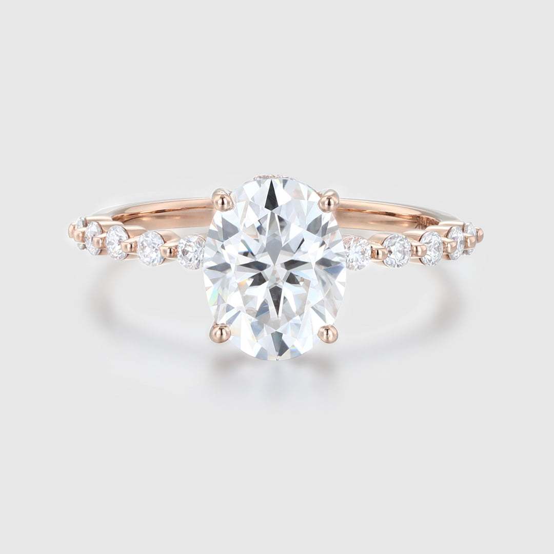 2 Ct Oval Hidden Halo Moissanite Engagement Ring In 14k Rose Gold