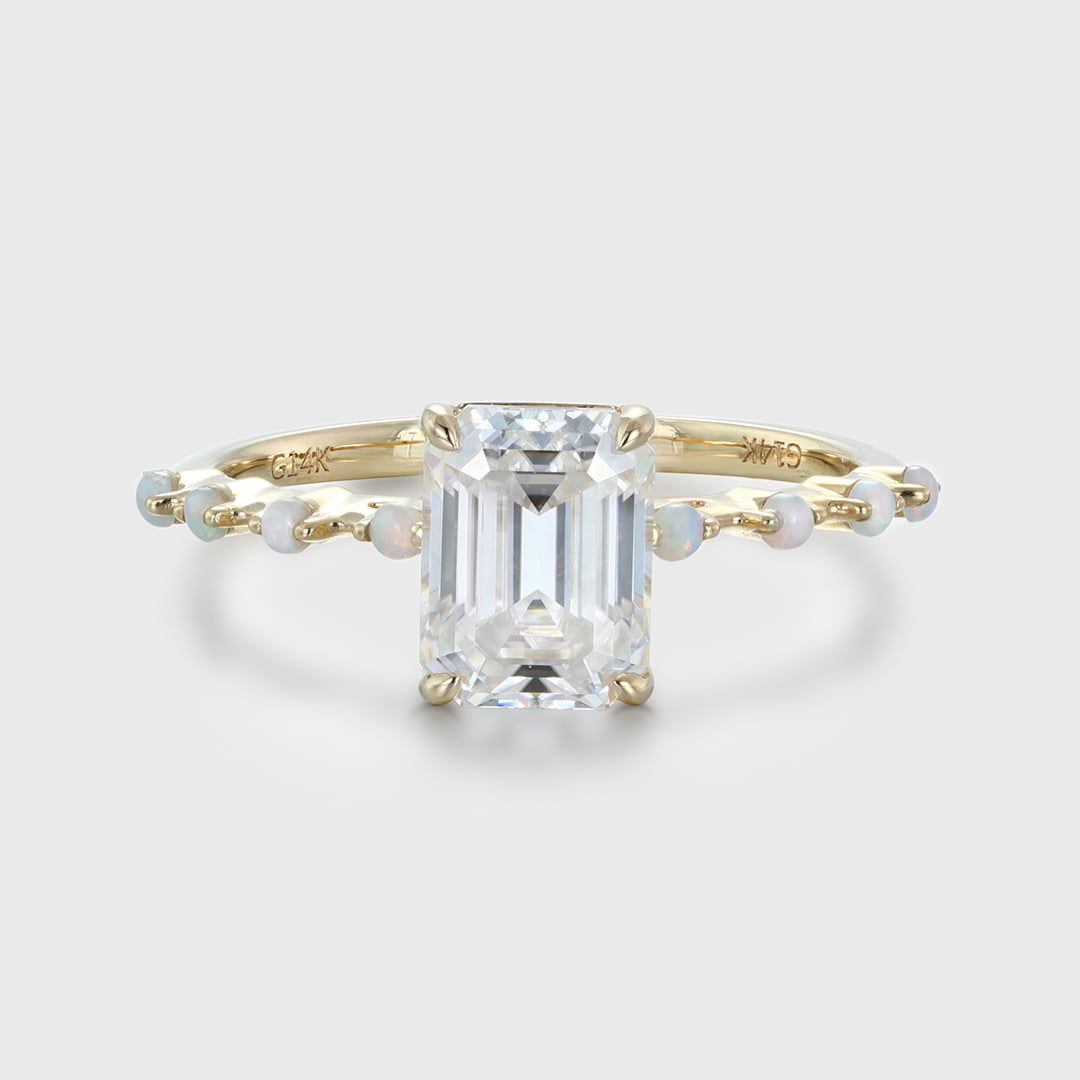 2CT Emerald Cut Moissanite Engagement Ring Unique Vintage 14K Solid Gold Opal Side Stone Wedding Ring