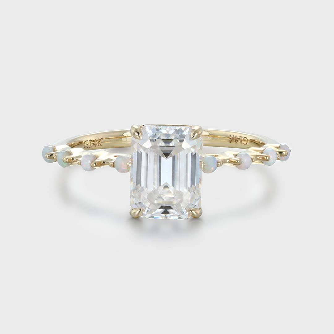 2CT Emerald Cut Moissanite Engagement Ring Unique Vintage 14K Solid Gold Opal Side Stone Wedding Ring