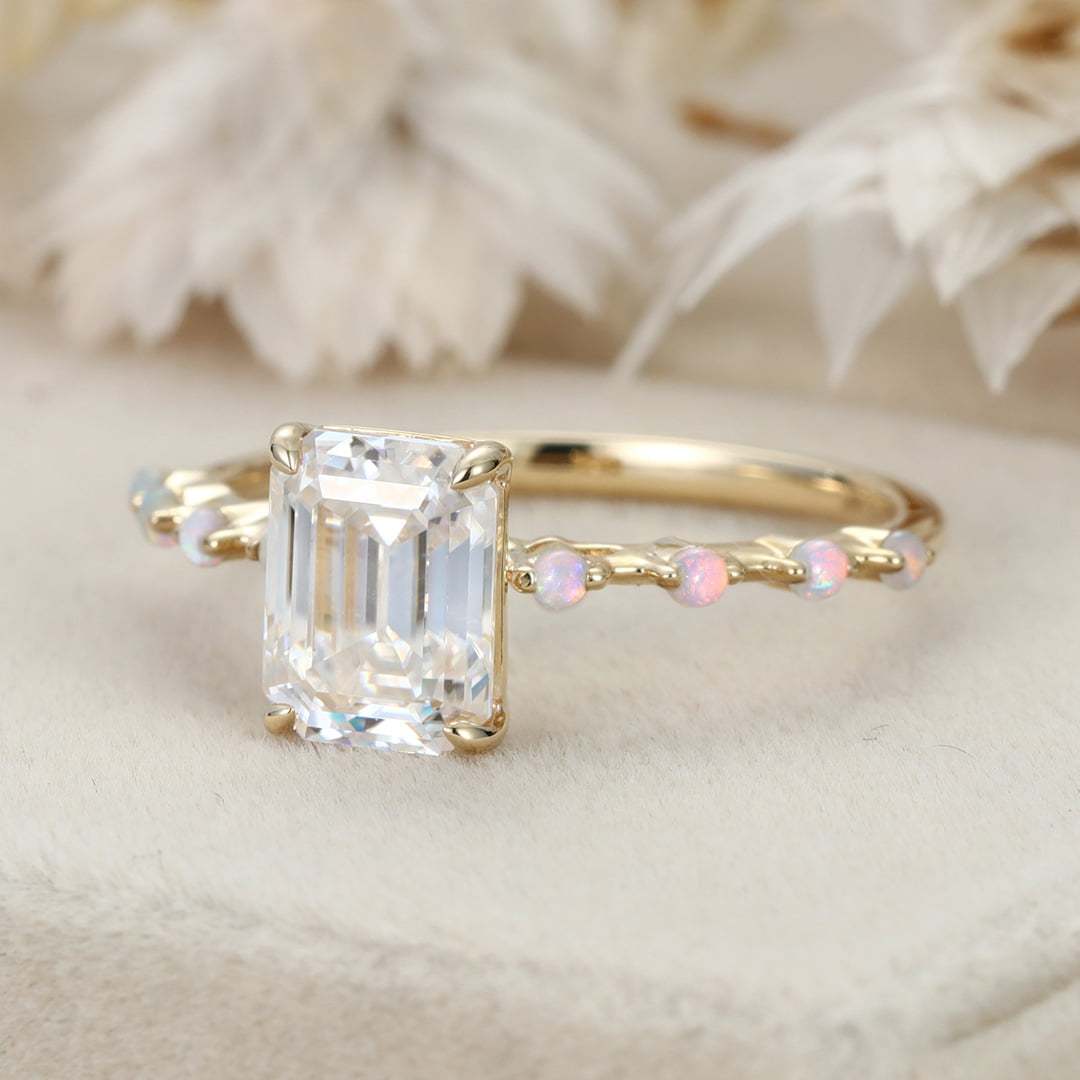 2CT Emerald Cut Moissanite Engagement Ring Unique Vintage 14K Solid Gold Opal Side Stone Wedding Ring