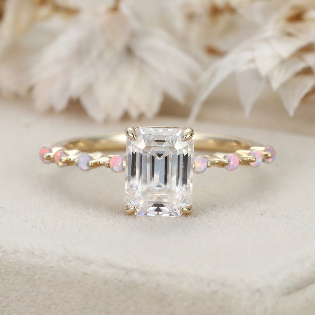 2CT Emerald Cut Moissanite Engagement Ring Unique Vintage 14K Solid Gold Opal Side Stone Wedding Ring