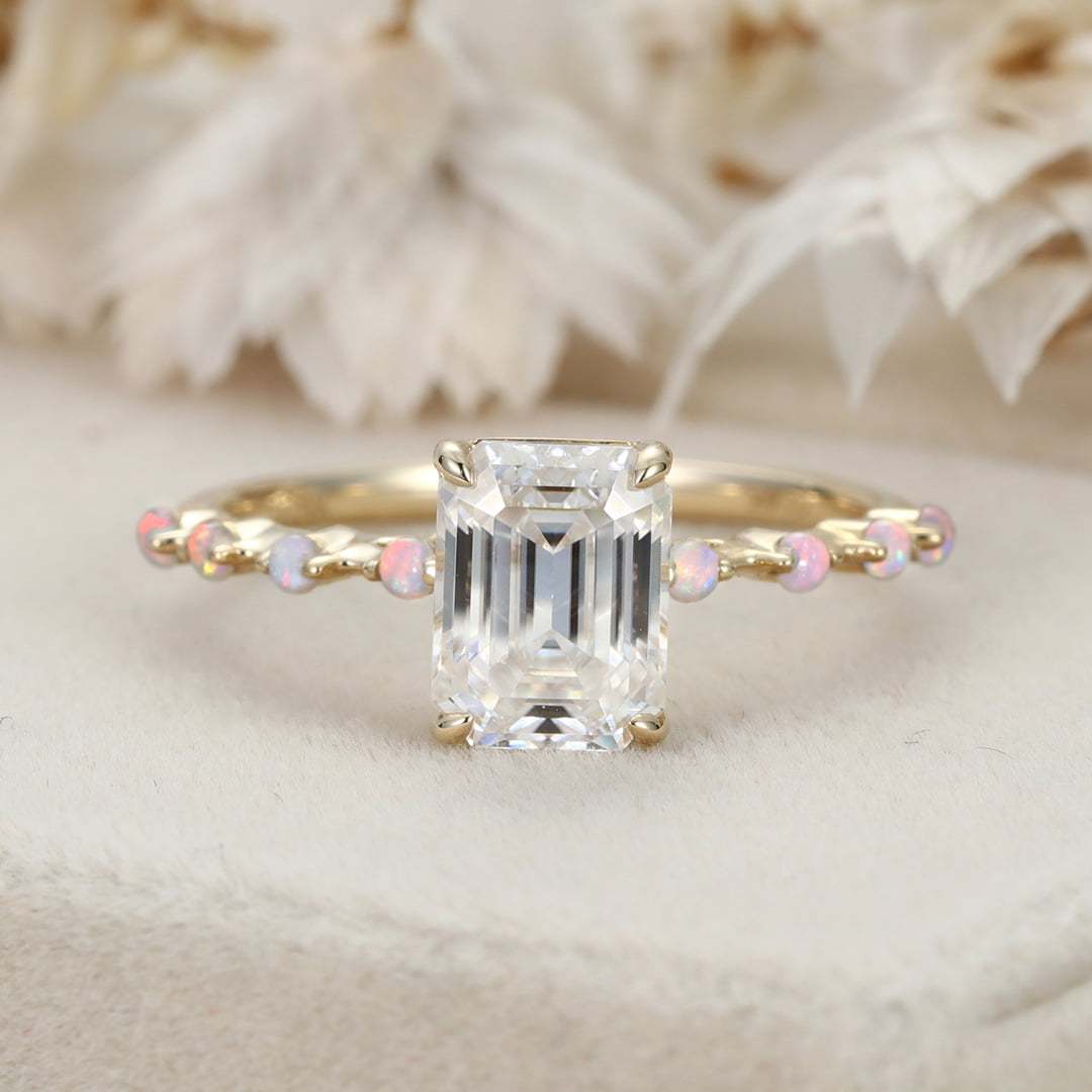 2CT Emerald Cut Moissanite Engagement Ring Unique Vintage 14K Solid Gold Opal Side Stone Wedding Ring