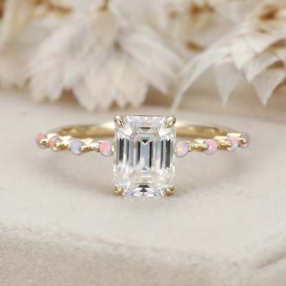 2CT Emerald Cut Moissanite Engagement Ring Unique Vintage 14K Solid Gold Opal Side Stone Wedding Ring