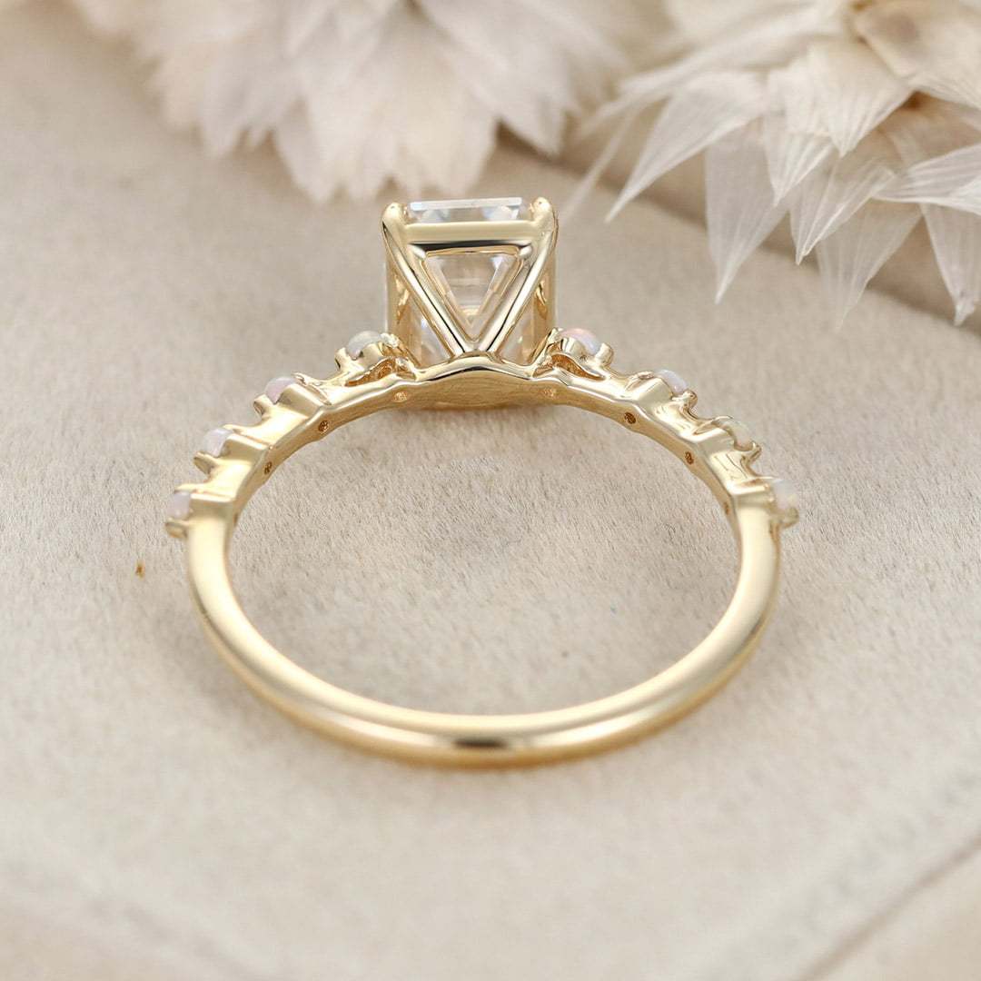 2CT Emerald Cut Moissanite Engagement Ring Unique Vintage 14K Solid Gold Opal Side Stone Wedding Ring