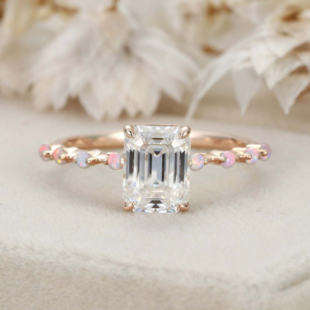 2CT Emerald Cut Moissanite Engagement Ring Unique Vintage 14K Solid Gold Opal Side Stone Wedding Ring