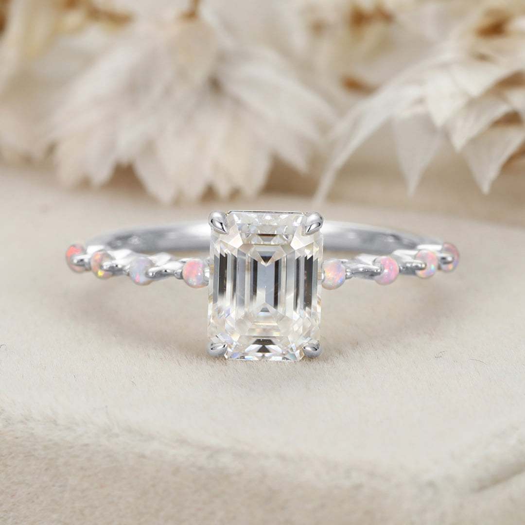 2CT Emerald Cut Moissanite Engagement Ring Unique Vintage 14K Solid Gold Opal Side Stone Wedding Ring