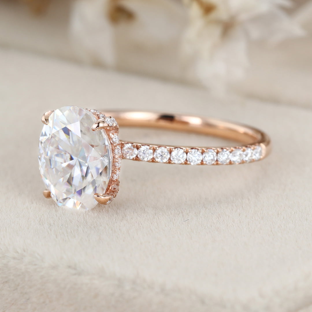 2 Carat Oval Cut Moissanite Hidden Halo Engagement Ring In 14k Rose Gold