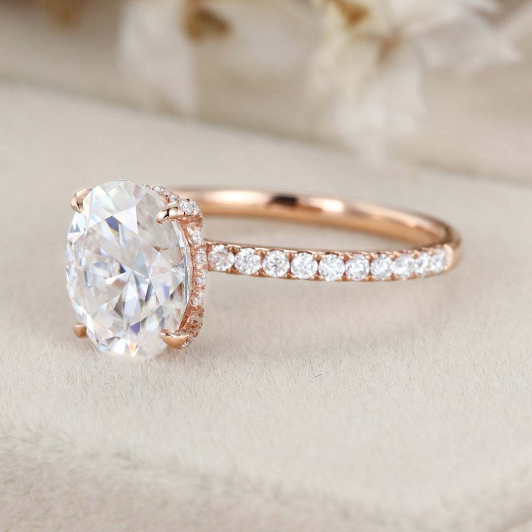 2 Carat Oval Cut Moissanite Hidden Halo Engagement Ring In 14k Rose Gold