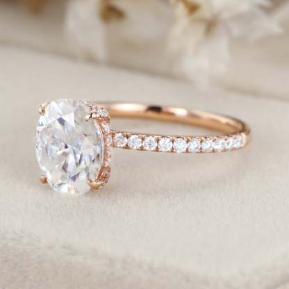 2 Carat Oval Cut Moissanite Hidden Halo Engagement Ring In 14k Rose Gold