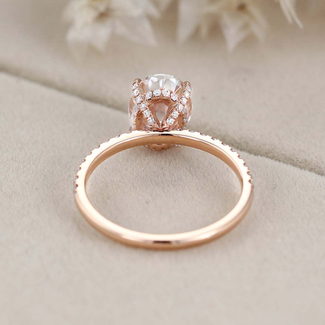 2 Carat Oval Cut Moissanite Hidden Halo Engagement Ring In 14k Rose Gold