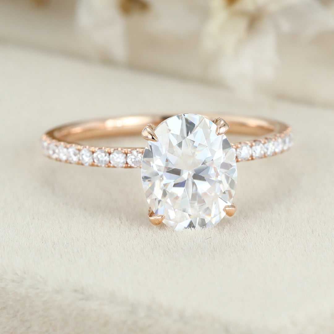 2 Carat Oval Cut Moissanite Hidden Halo Engagement Ring In 14k Rose Gold