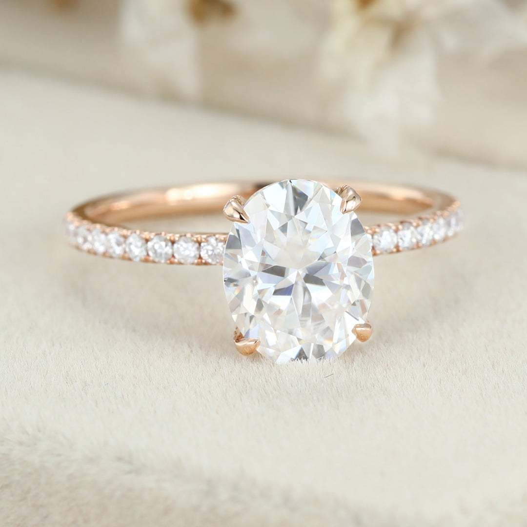 2 Carat Oval Cut Moissanite Hidden Halo Engagement Ring In 14k Rose Gold