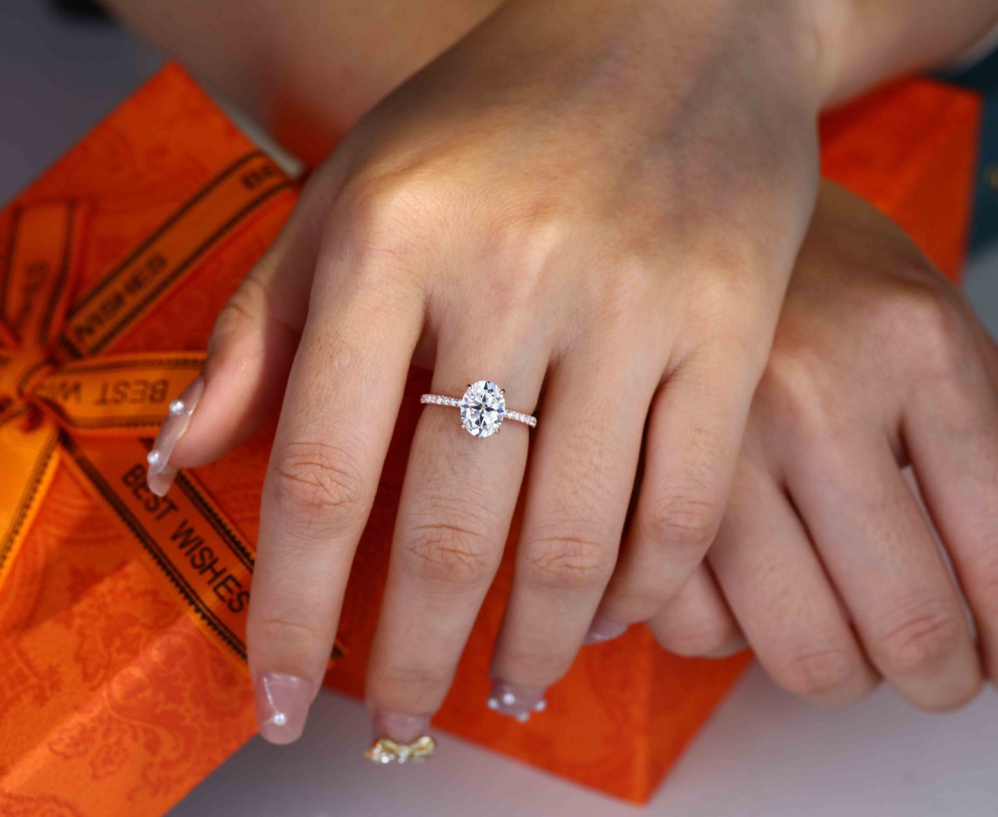 2 Carat Oval Cut Moissanite Hidden Halo Engagement Ring In 14k Rose Gold