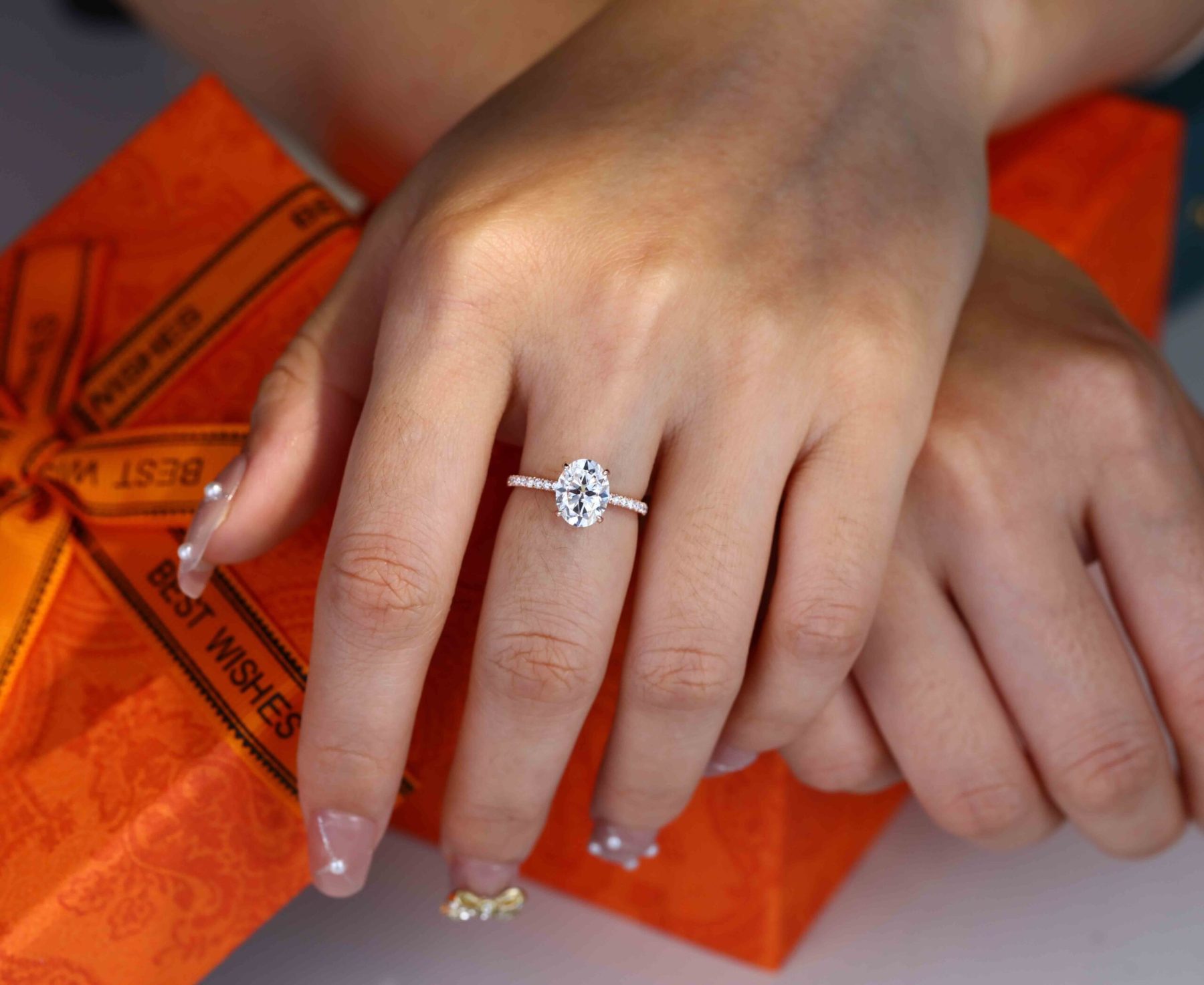 2 Carat Oval Cut Moissanite Hidden Halo Engagement Ring In 14k Rose Gold