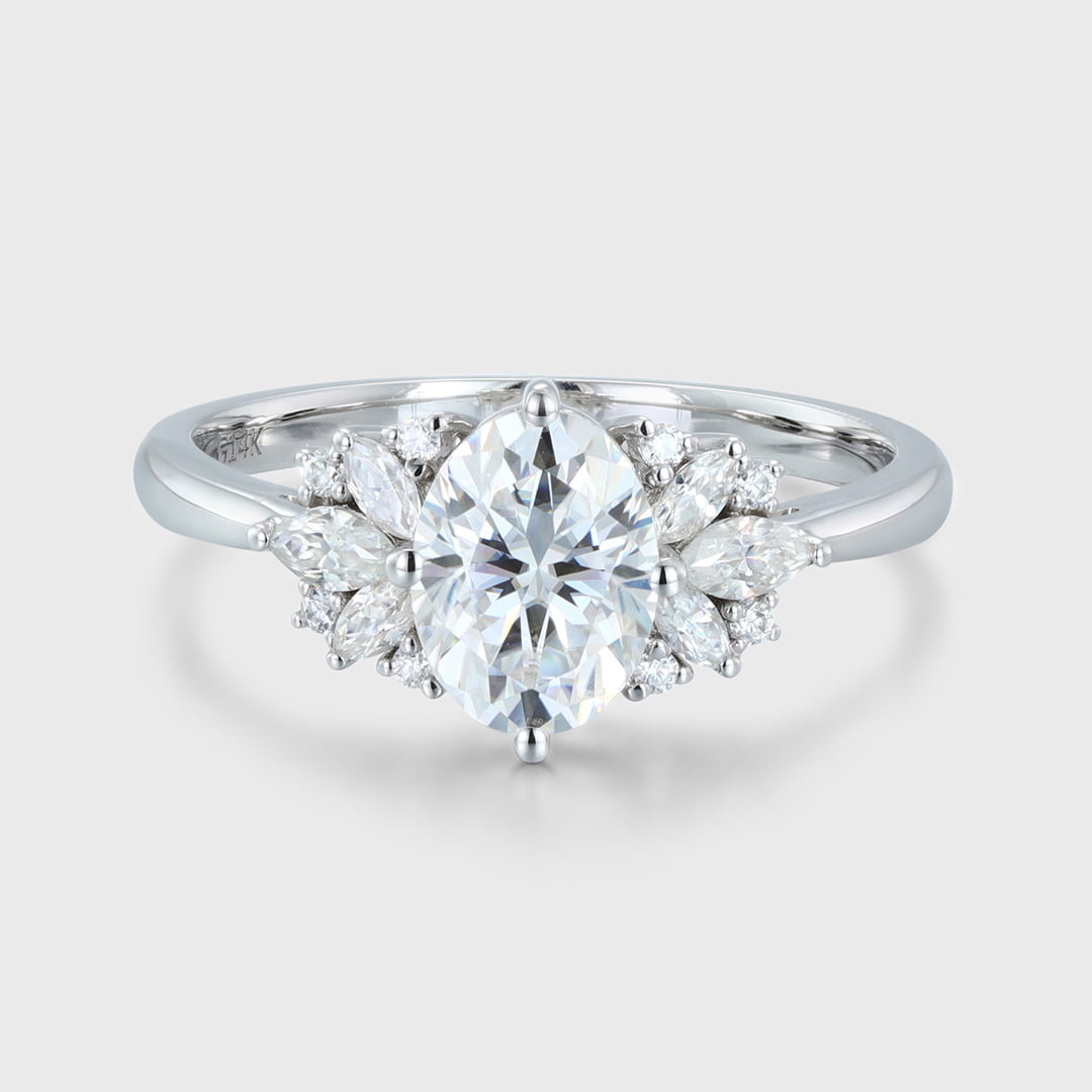 2 Carat Oval Cut Moissanite Engagement Ring Vintage White Gold Cluster Diamond Wedding Ring