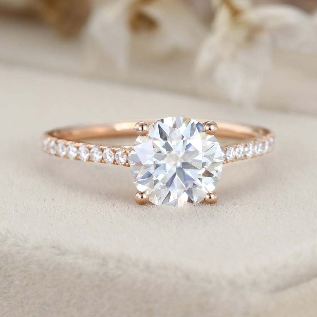 2CT Round Moissanite Engagement Ring Vintage Rose Gold Diamond Ring Half Eternity Moissanite Diamond Wedding Ring Promise Anniversary Gift,