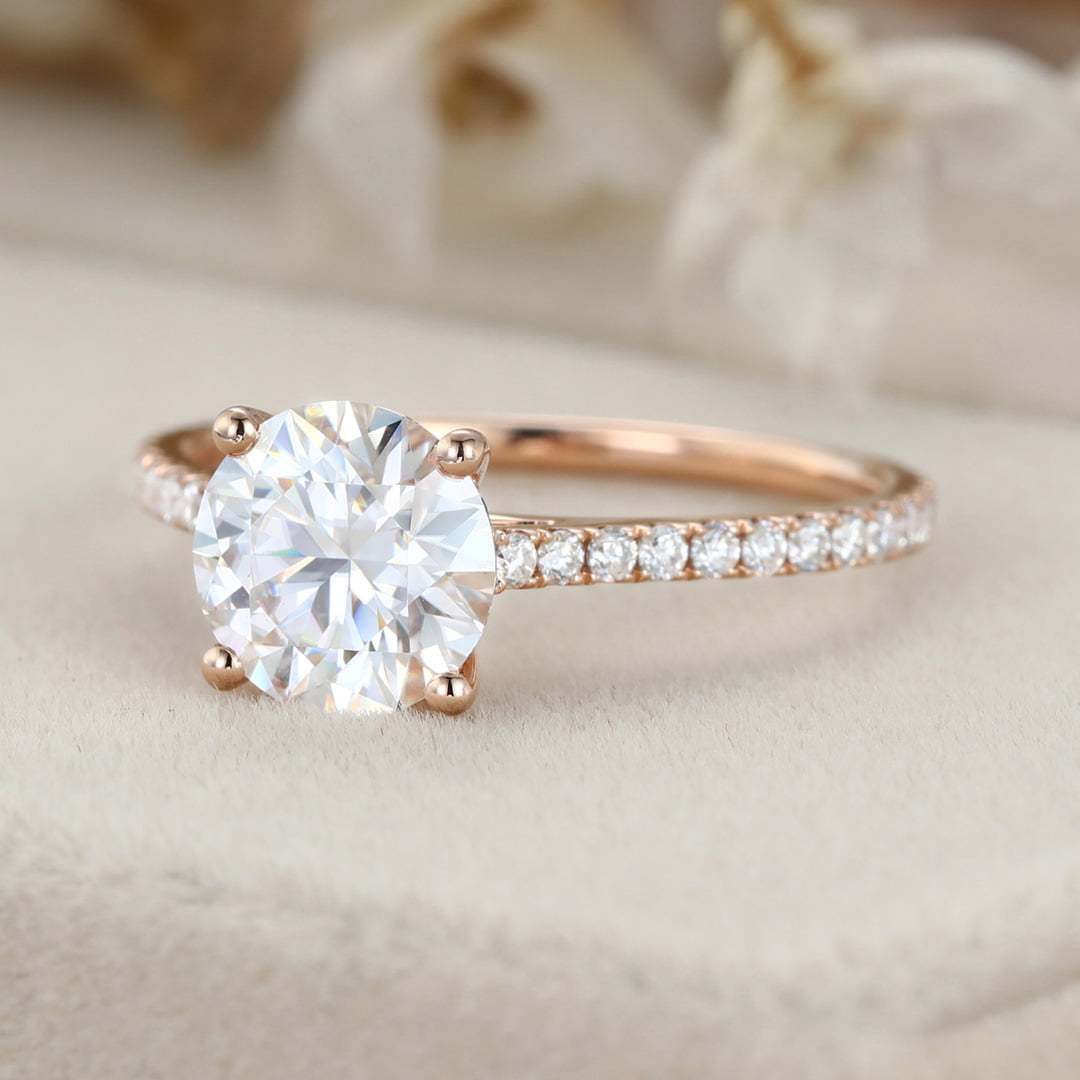 2CT Round Moissanite Engagement Ring Vintage Rose Gold Diamond Ring Half Eternity Moissanite Diamond Wedding Ring Promise Anniversary Gift,