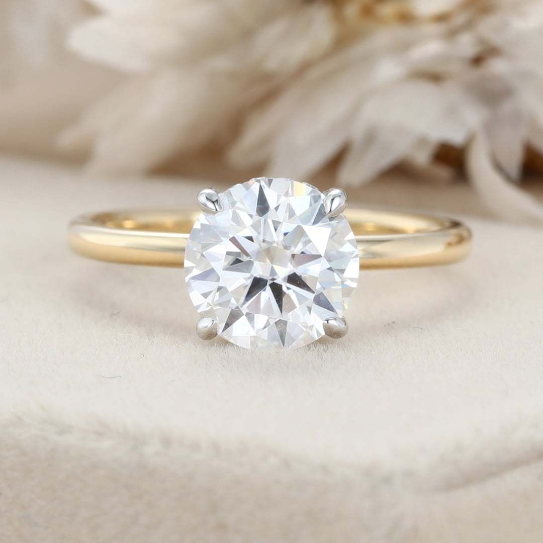 2CT Round cut Moissanite Engagement Ring Unique Simple engagement ring Two tone Yellow gold Solitaire ring Bridal wedding ring Anniversary