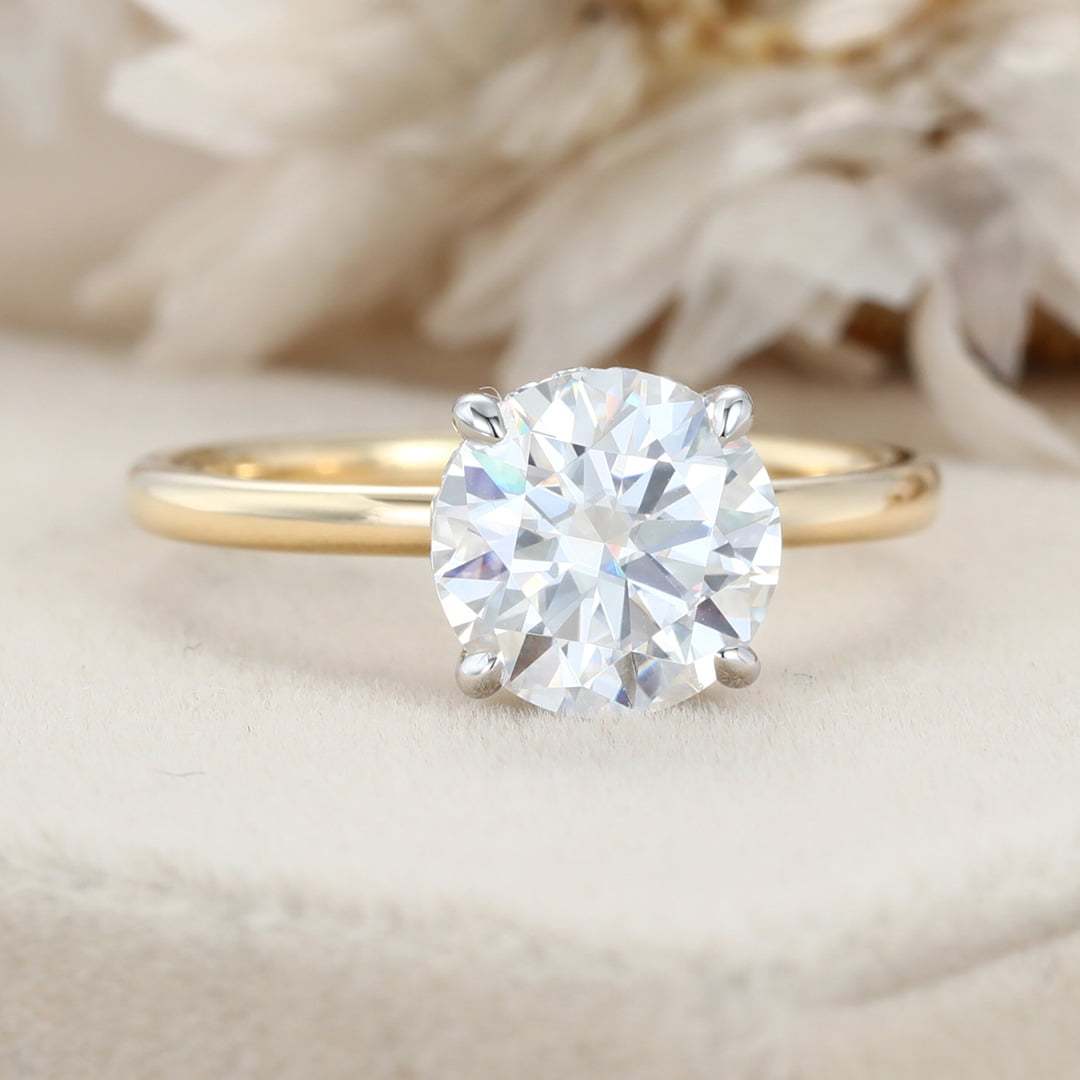 2CT Round cut Moissanite Engagement Ring Unique Simple engagement ring Two tone Yellow gold Solitaire ring Bridal wedding ring Anniversary