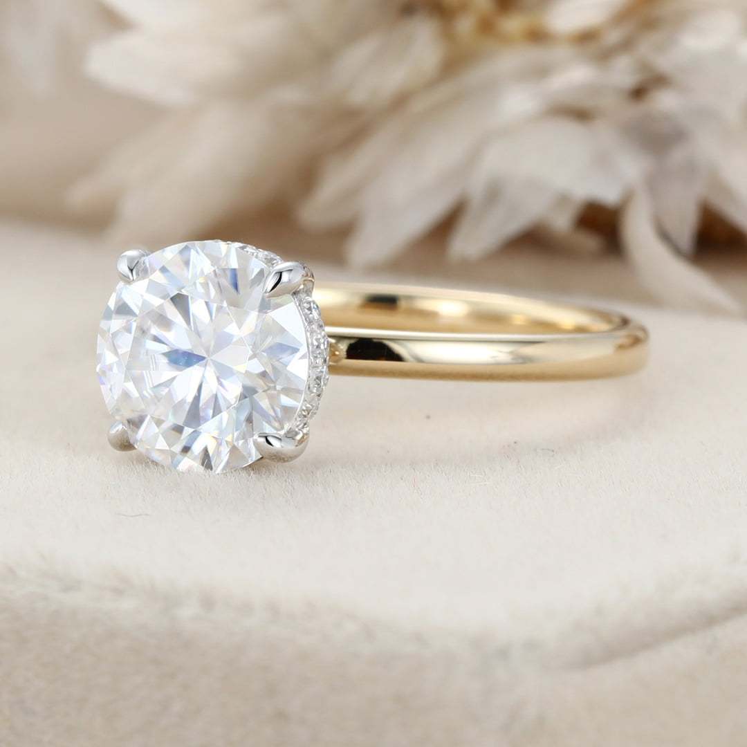 2CT Round cut Moissanite Engagement Ring Unique Simple engagement ring Two tone Yellow gold Solitaire ring Bridal wedding ring Anniversary