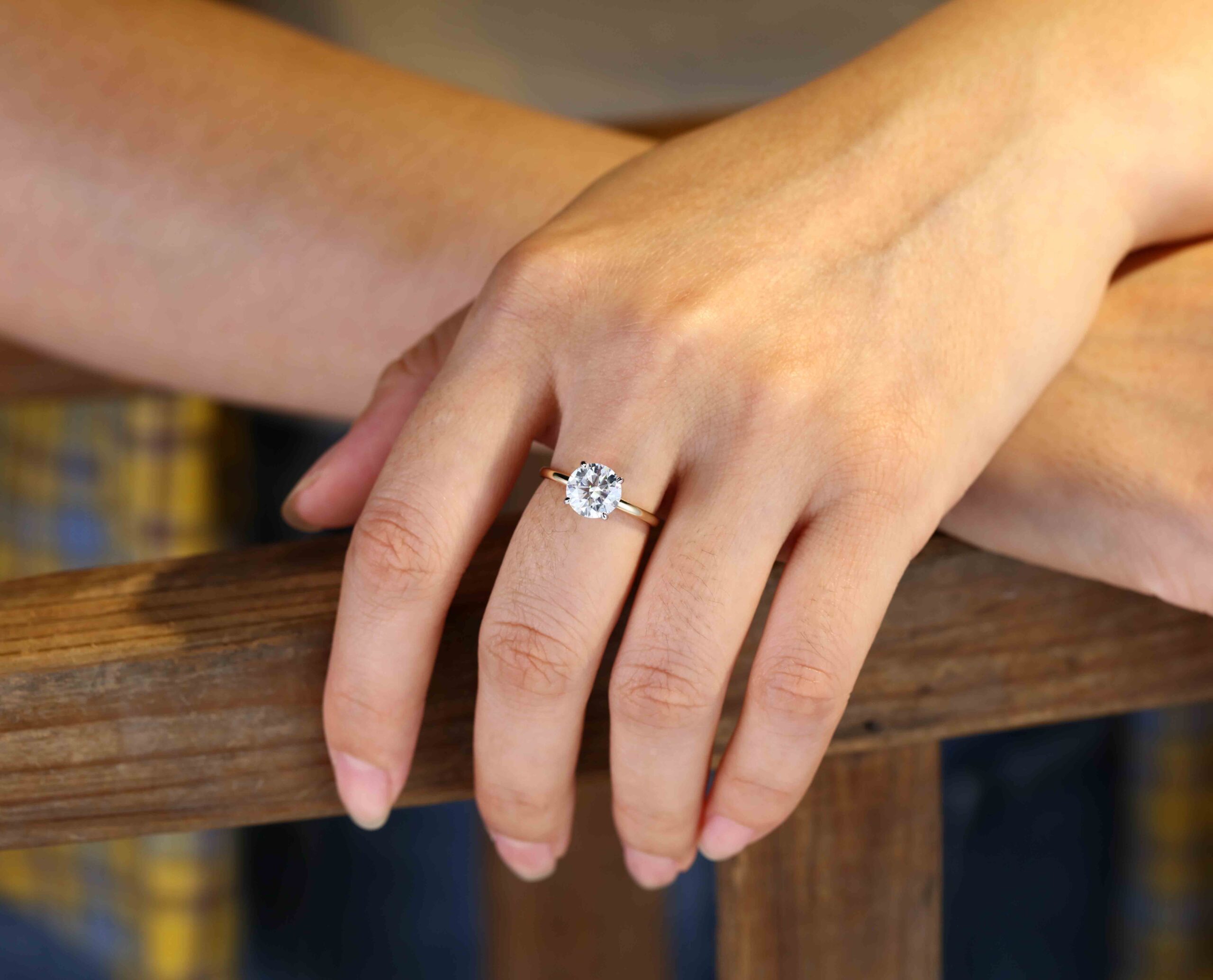 2CT Round cut Moissanite Engagement Ring Unique Simple engagement ring Two tone Yellow gold Solitaire ring Bridal wedding ring Anniversary