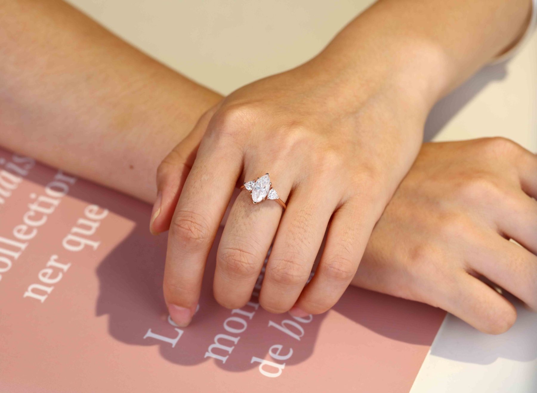 2ct Marquise Moissanite Engagement Ring Vintage Unique Rose gold engagement Ring three stone ring wedding Promise Bridal Anniversary gift