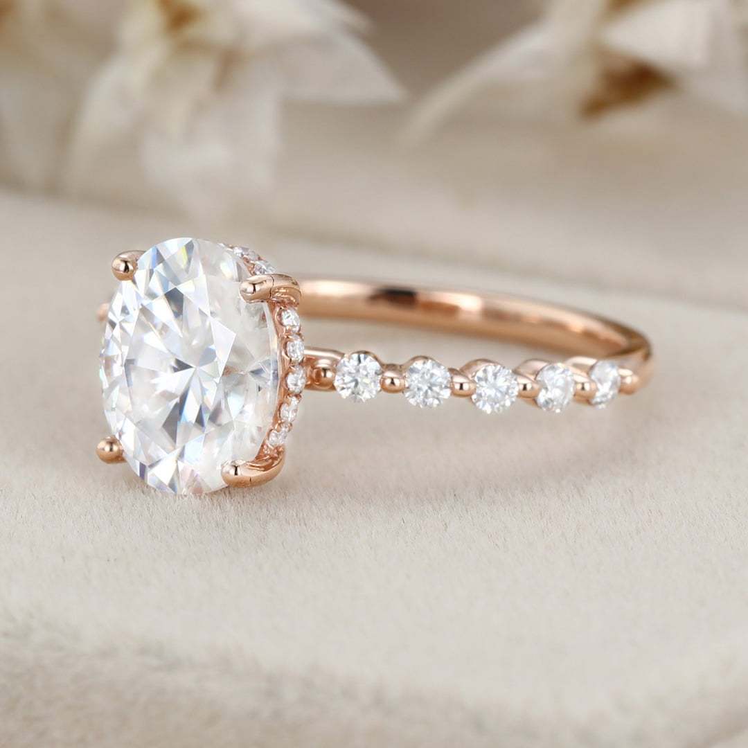 2 Carat Oval Hidden Halo Moissanite Engagement Ring In 14k Rose Gold