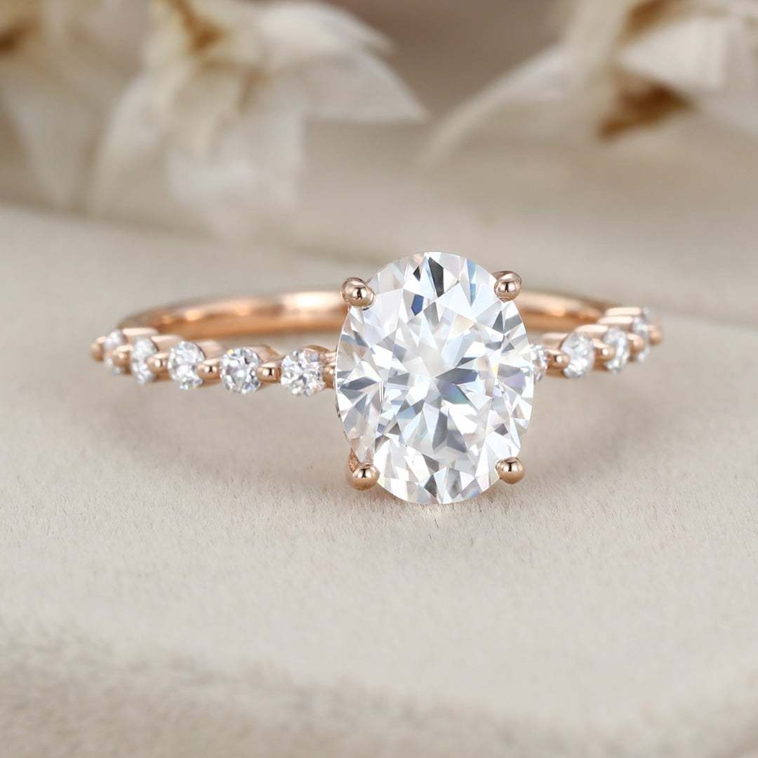 2 Carat Oval Hidden Halo Moissanite Engagement Ring In 14k Rose Gold