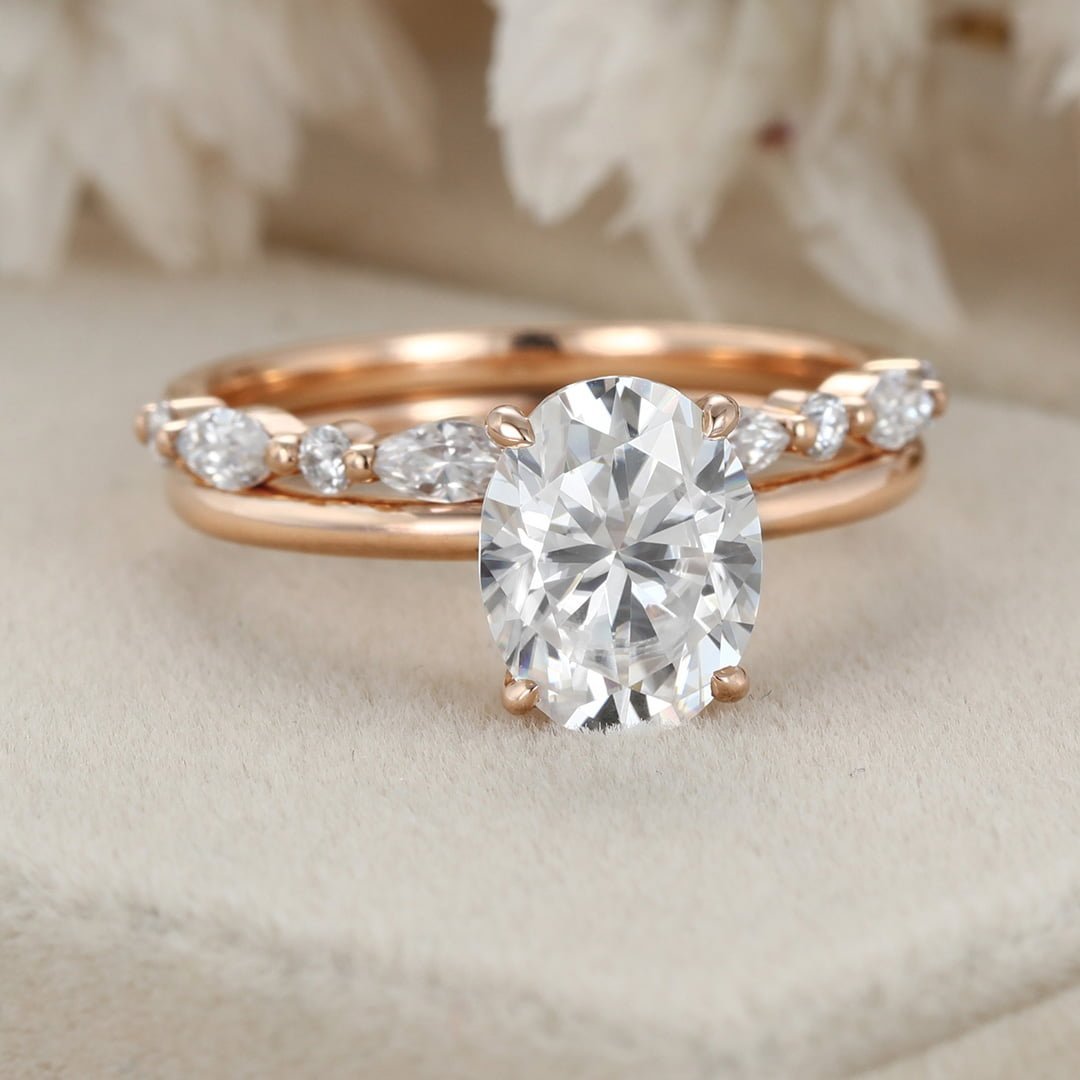 2ct Oval Moissanite Engagement Ring Set Vintage Unique Rose gold Engagement Ring art deco Bridal set Promise Gift Anniversary Gift for Women