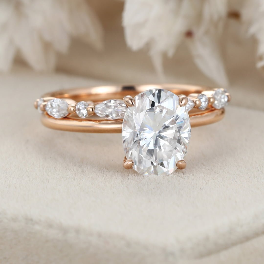 2ct Oval Moissanite engagement Ring Set Rose gold diamond engagement ring vintage marquise wedding ring Bridal set promise Anniversary gift