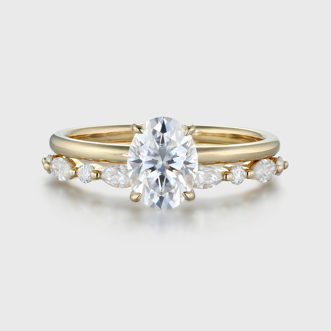 2 carat Oval Moissanite Engagement Ring Set Yellow Gold Vintage Promise Anniversary Gift Ring