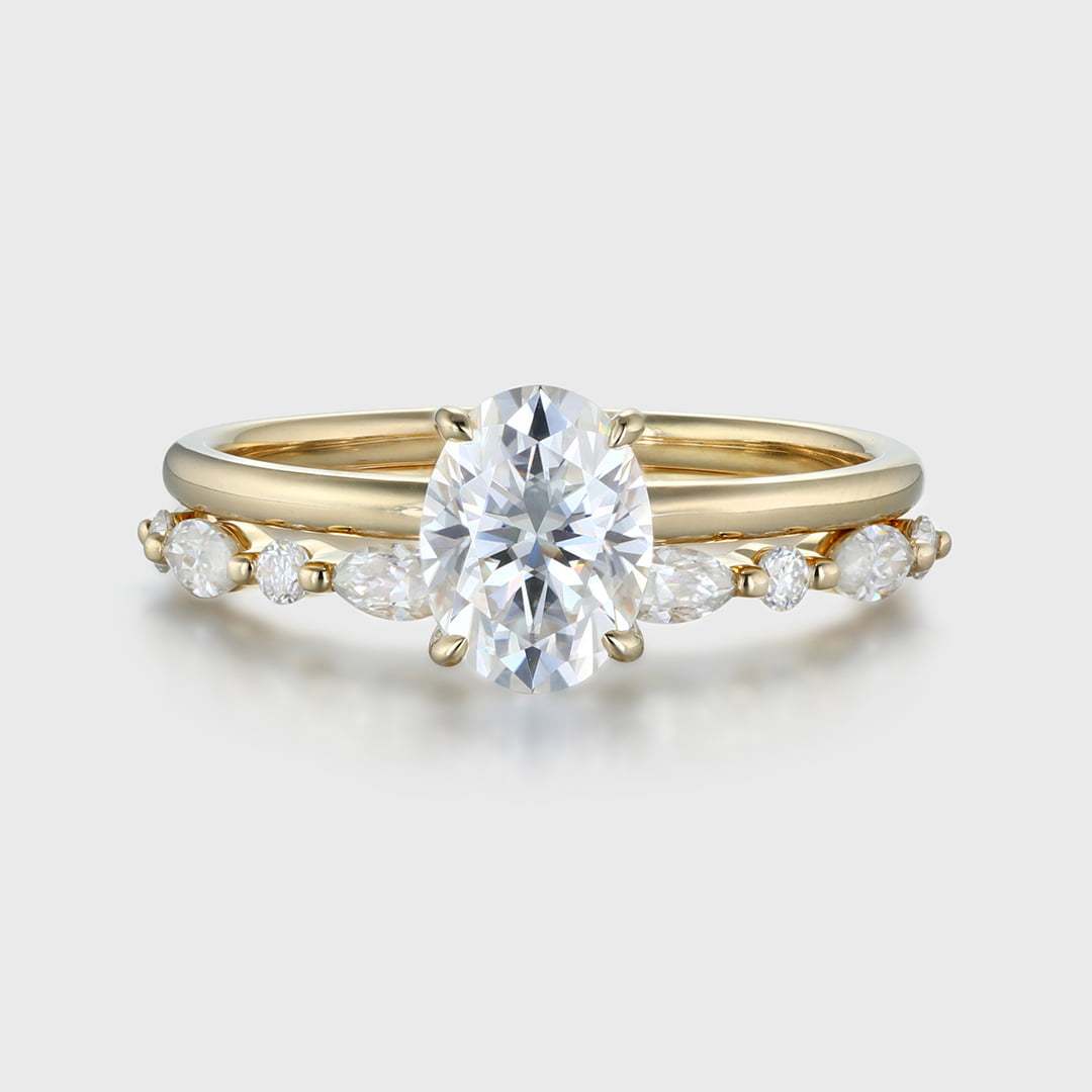 2 carat Oval Moissanite Engagement Ring Set Yellow Gold Vintage Promise Anniversary Gift Ring