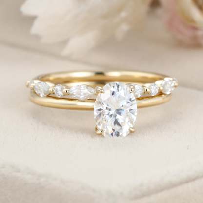2ct Oval Moissanite engagement Ring Set Yellow gold diamond engagement ring vintage marquise wedding ring promise Anniversary gift ring