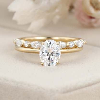 2ct Oval Moissanite engagement Ring Set Yellow gold diamond engagement ring vintage marquise wedding ring promise Anniversary gift ring