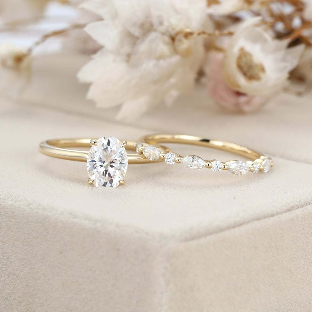 2ct Oval Moissanite engagement Ring Set Yellow gold diamond engagement ring vintage marquise wedding ring promise Anniversary gift ring