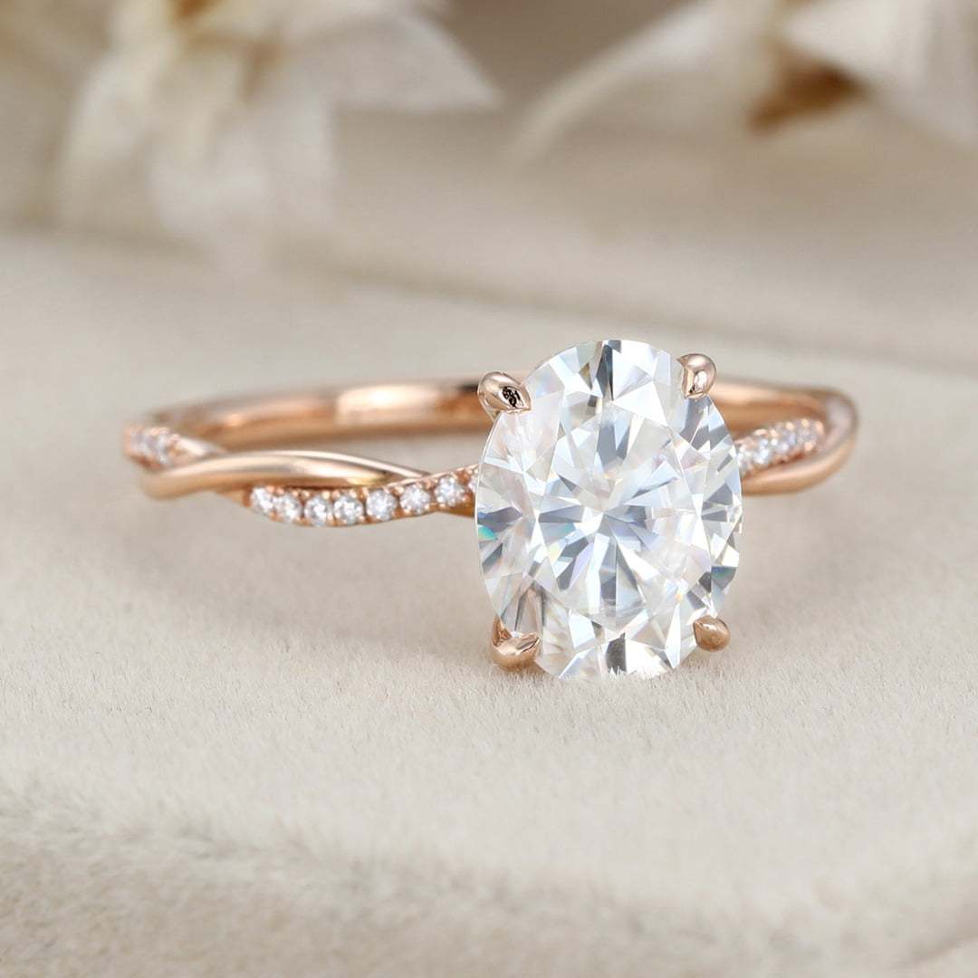 2 Carat Oval Moissanite Twist Engagement Ring In 14k Rose Gold