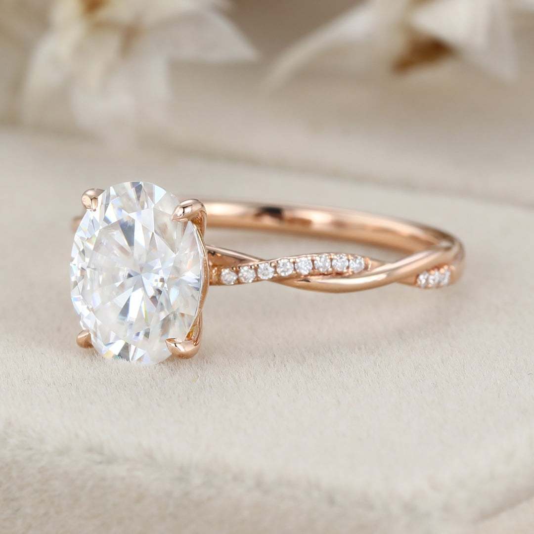 2 Carat Oval Moissanite Twist Engagement Ring In 14k Rose Gold