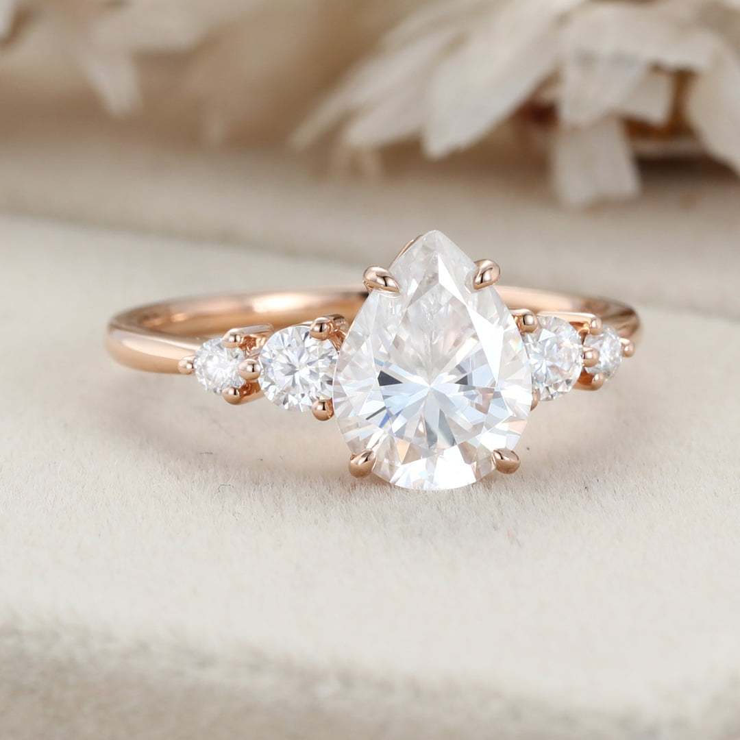 2ct Pear Moissanite engagement ring Unique Rose gold engagement ring women vintage Marquise cluster ring Bridal promise ring Anniversary