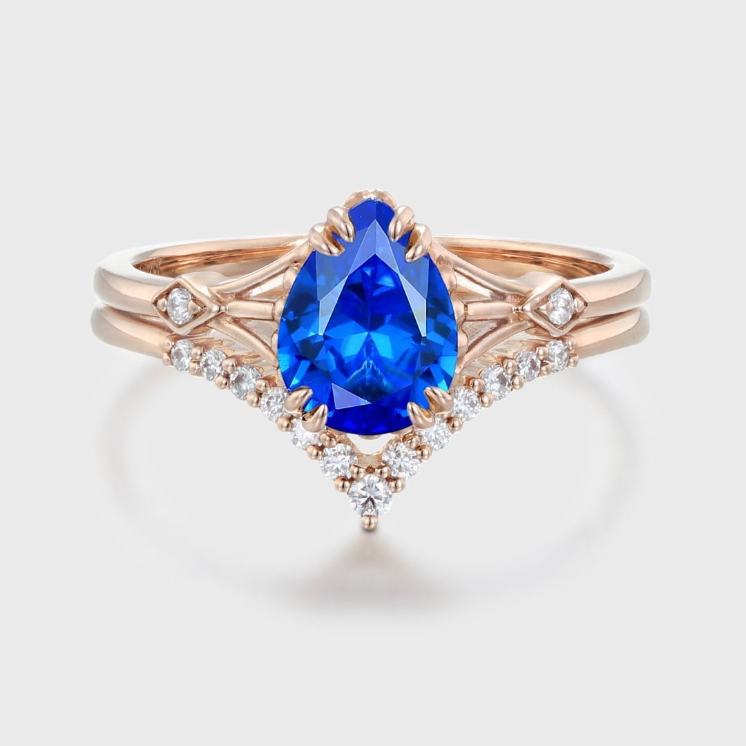 2pcs Pear shaped Sapphire engagement ring set Rose gold Unique Cluster Diamond Moissanite engagement ring women Vintage wedding ring