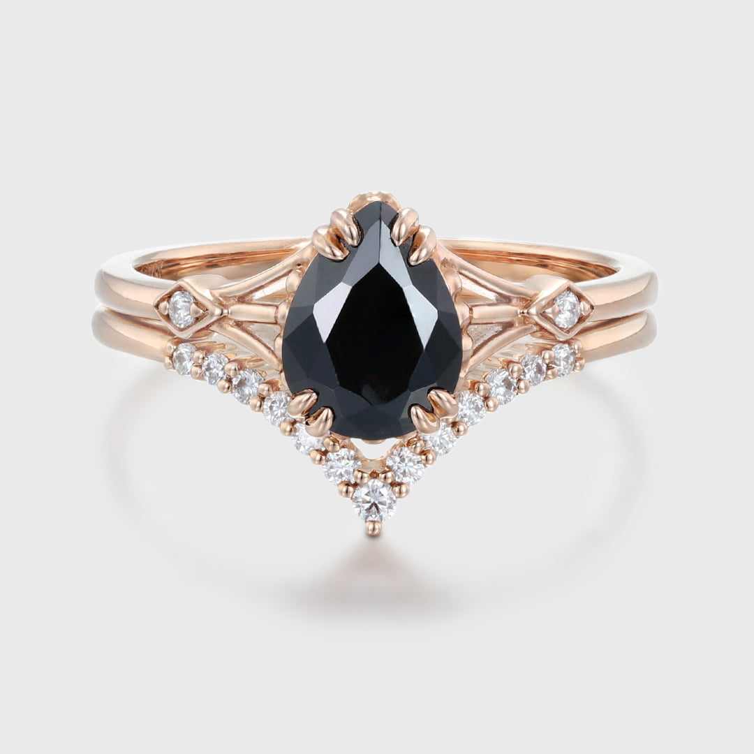 2pcs Pear shaped Unique Black Onyx Engagement Ring Set Vintage Rose Gold Moissanite Ring Bridal Set Women diamond ring Bridal Anniversary