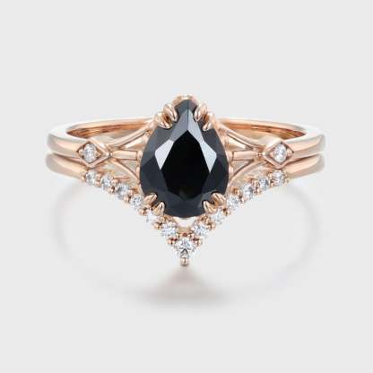 2pcs Pear shaped Unique Black Onyx Engagement Ring Set Vintage Rose Gold Moissanite Ring Bridal Set Women diamond ring Bridal Anniversary