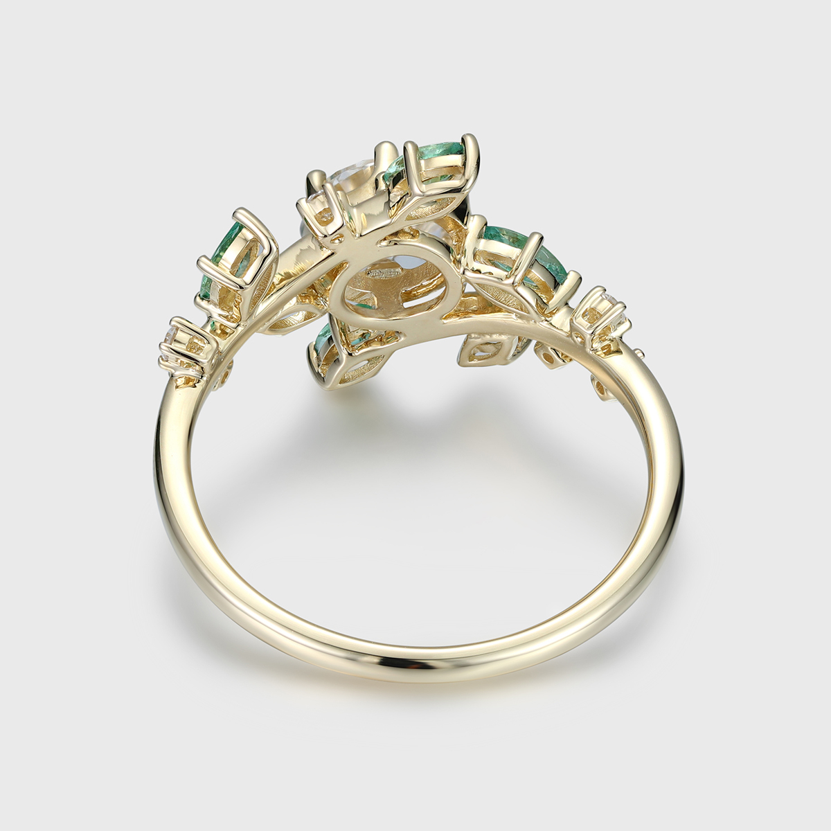 Round Moissanite Engagement Ring Vintage Unique 14K Solid gold Emerald Nature inspired Bridal set Anniversary gift