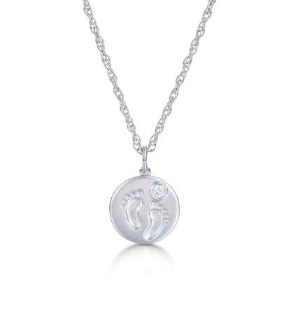 Custom Birthstone Footprints Engraved Round Medallion Pendant Necklace – Gold or Silver Plated – A Delicate Gift for Women, Moms, and Kids