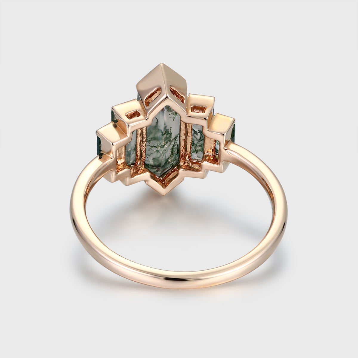Hexagon Cut Moss Agate Engagement Ring – 14K Rose Gold Cluster Baguette Ring, Unique Bridal Jewelry