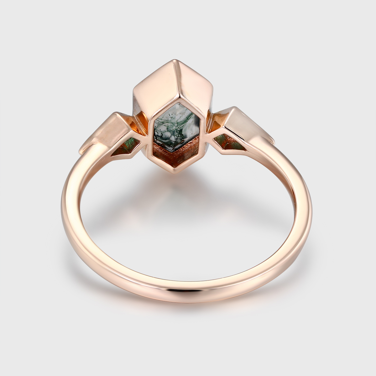 Three Stone Hexagon Cut Moss Agate and Emerald Engagement Ring – Bezel Set in 14K Rose Gold