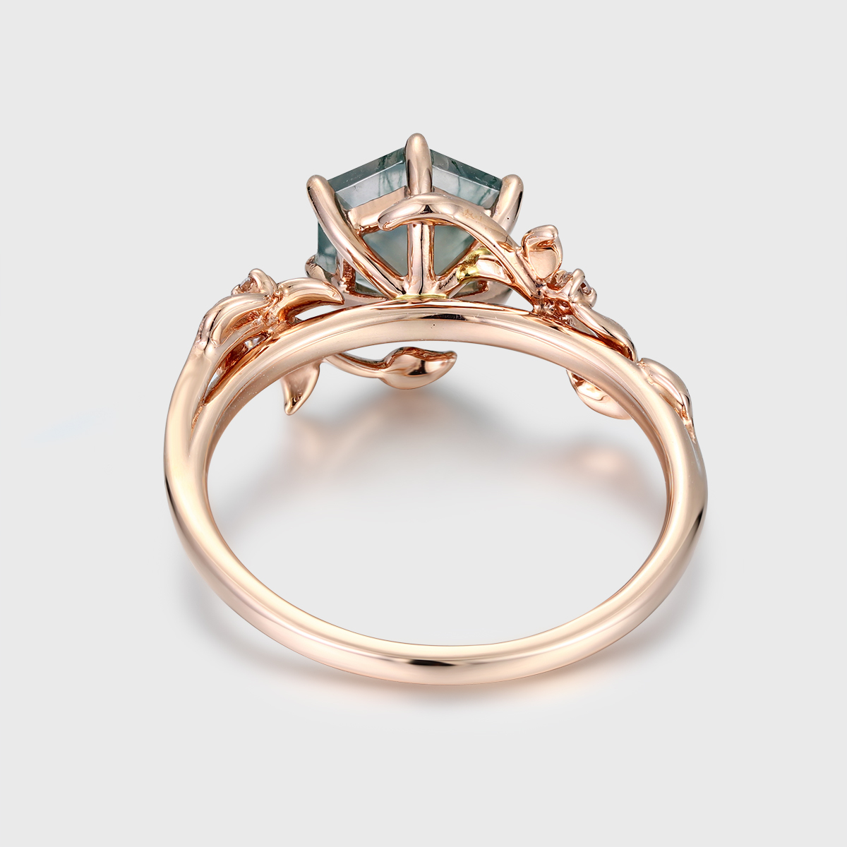 Vintage Hexagon Cut Green Moss Agate Engagement Ring in 14K Rose Gold - Nature-Inspired Leaf Diamond Ring, Women's Anniversary Gift