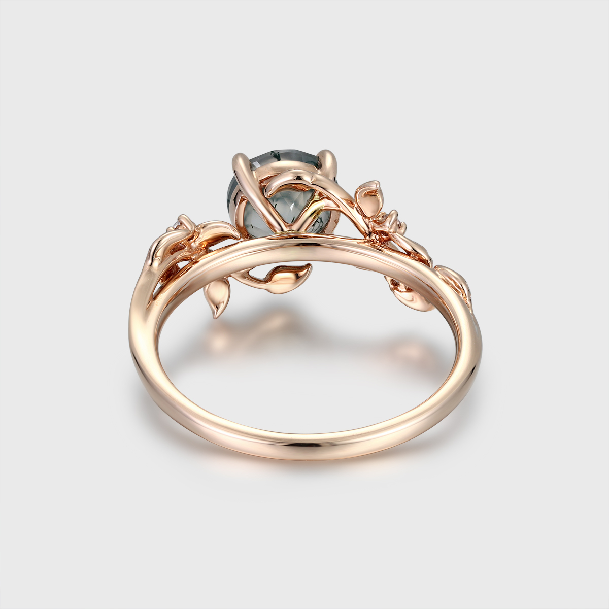 Leaf Nature-Inspired Round Cut Green Moss Agate Engagement Ring in 14K Rose Gold – Unique Bridal Promise Ring