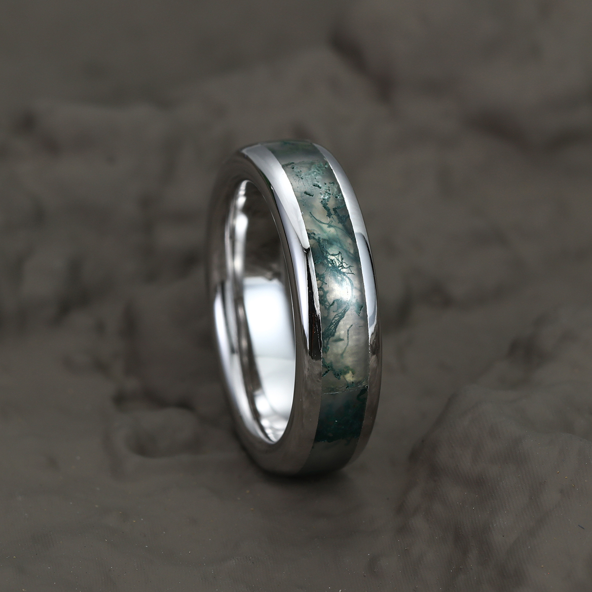 Unique Moss Agate Wedding Band Sterling Silver Nature Inspired Eco-Friendly Full Eternity 6mm Stacking Matching Rings Men Ring Gift For Him