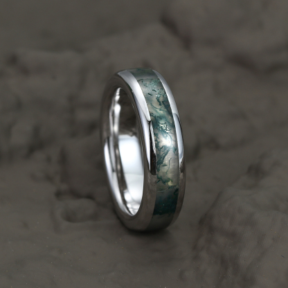 Unique Moss Agate Wedding Band Sterling Silver Nature Inspired Eco-Friendly Full Eternity 6mm Stacking Matching Rings Men Ring Gift For Him